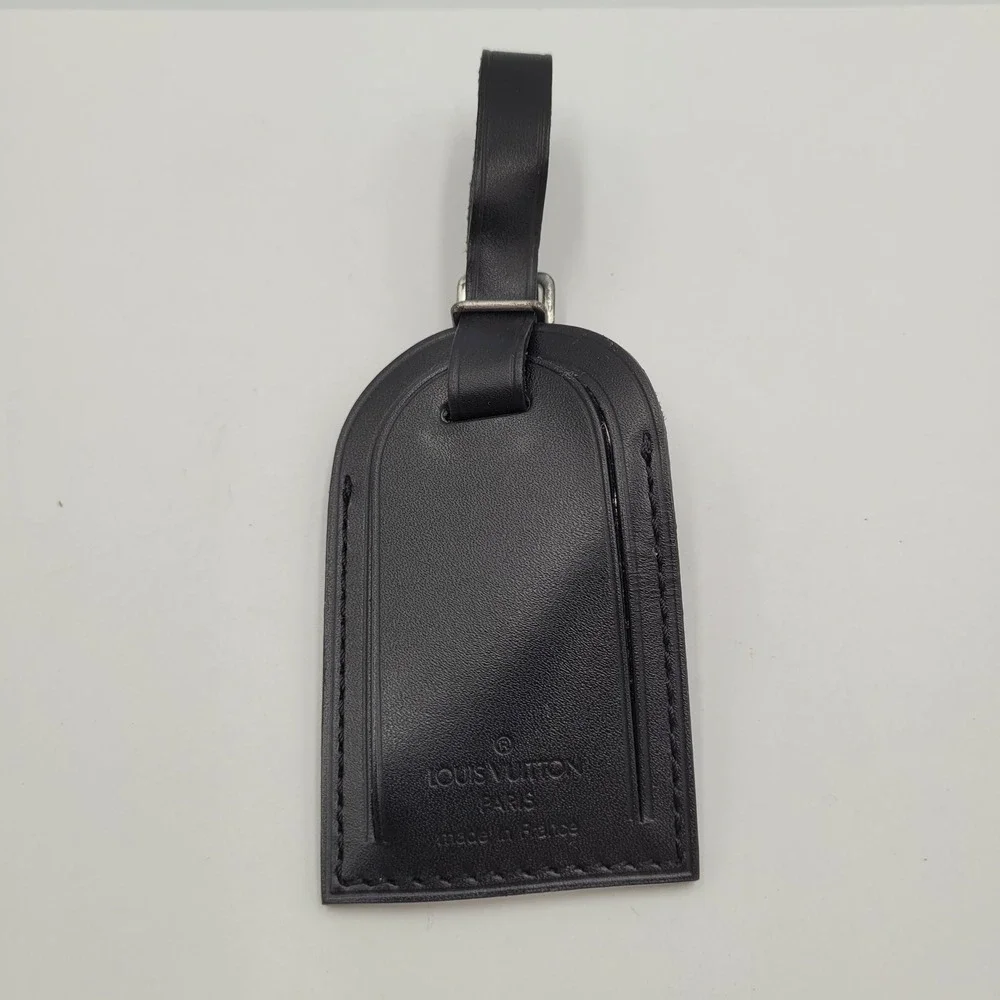 Louis Vuitton Black Leather Luggage Tag Silver Buckle France Travel Accessory